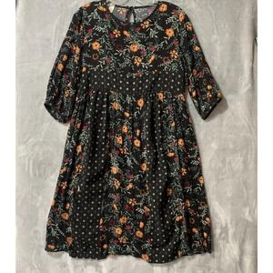 Flamingo Dress Womens Small Black Floral Babydoll 3/4 Sleeve Made USA Whimsygoth